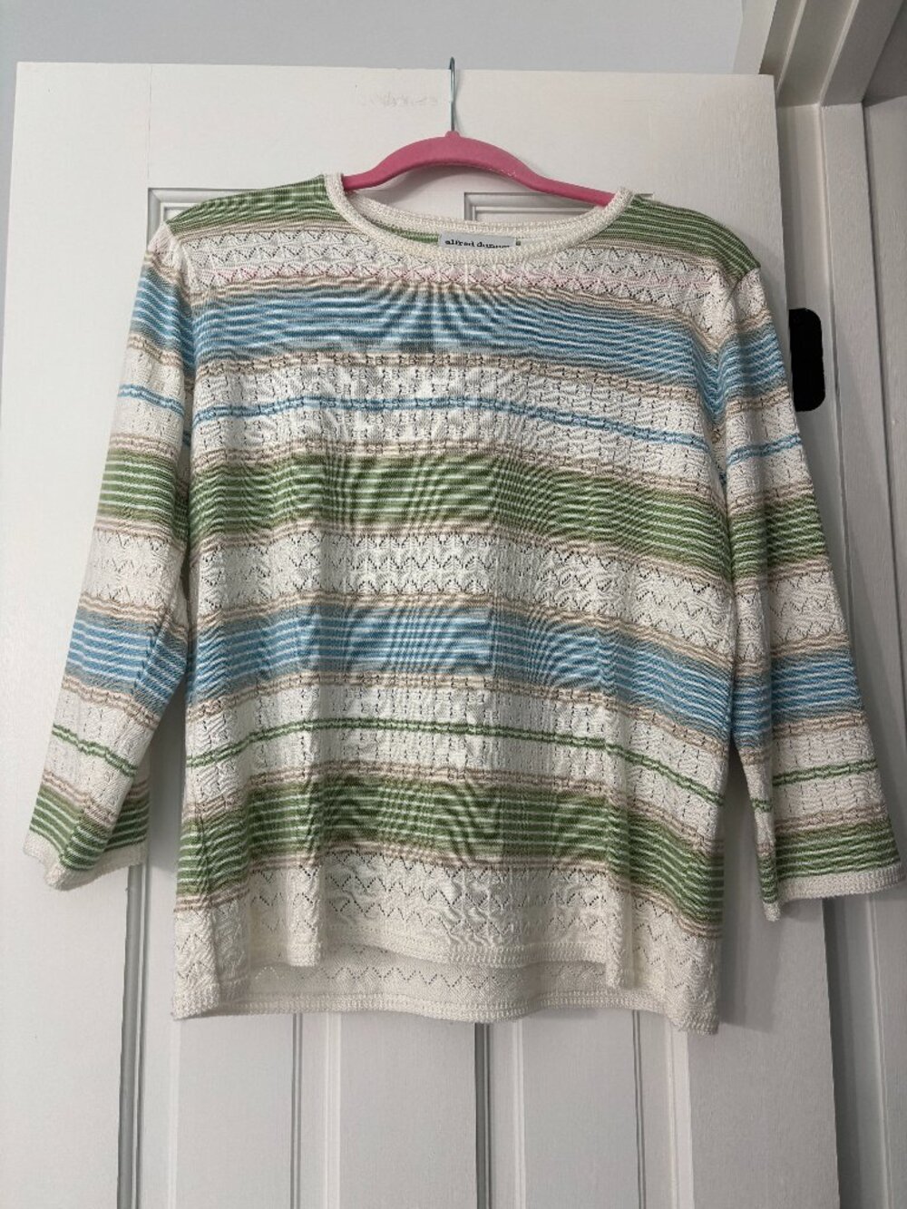 Alfred Dunner Striped Pointelle Knit Sweater - Green/Blue/White - Size PL